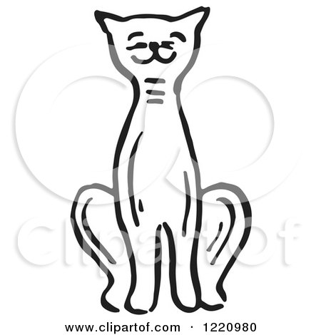 Clipart of a Black and White Sitting Pleased Cat - Royalty Free Vector Illustration by Picsburg