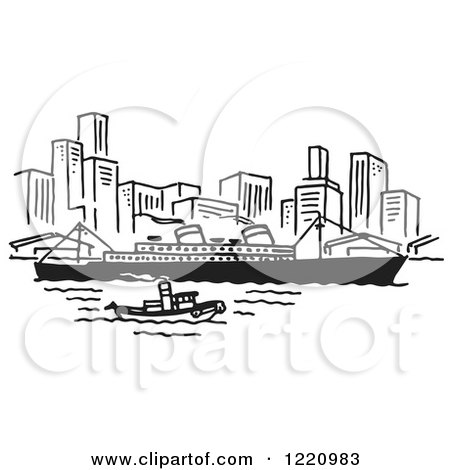 Clipart of a Black and White Ship near a City - Royalty Free Vector Illustration by Picsburg