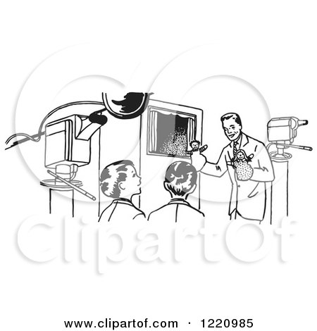 Clipart of a Black and White Puppet Man and Boys in a Theater - Royalty Free Vector Illustration by Picsburg