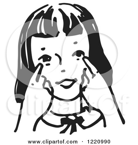 Clipart of a Black and White Girl Pointing to Her Eyes - Royalty Free Vector Illustration by Picsburg