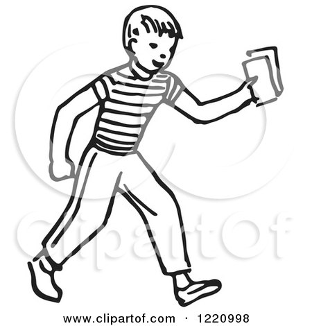Clipart of a Black and White Boy Holding out Money or Tickets - Royalty Free Vector Illustration by Picsburg