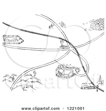 Clipart of Black and White Roads Leading to Fairgrounds - Royalty Free Vector Illustration by Picsburg