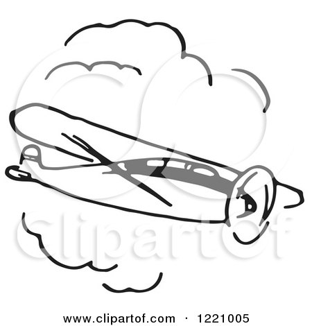 Clipart of a Black and White Flying Airplane 3 - Royalty Free Vector Illustration by Picsburg