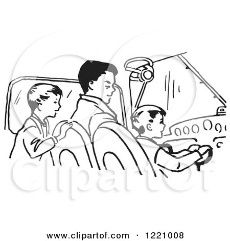 Clipart of a Black and White Retro Father Pilot and Sons - Royalty Free Vector Illustration by Picsburg