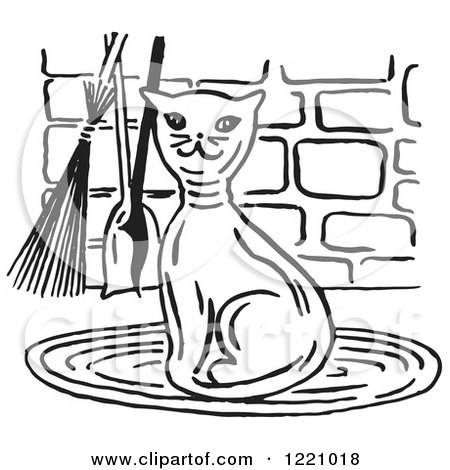 Clipart of a Black and White Happy Cat by Fireplace Tools - Royalty Free Vector Illustration by Picsburg