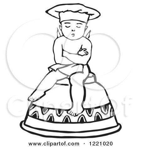 Clipart of a Black and White Retro Cherub Chef Sitting on an Upside down Cup - Royalty Free Vector Illustration by Picsburg