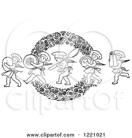 Clipart of Black and White Chef Cherubs Marching with Kitchen Items over a Floral Wreath - Royalty Free Vector Illustration by Picsburg