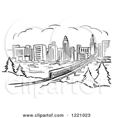 Clipart of a Black and White Train near a City - Royalty Free Vector Illustration by Picsburg