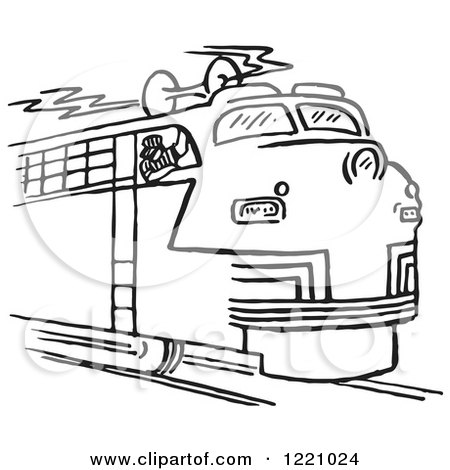 Clipart of a Black and White Train Engineer Blowing the Horn - Royalty Free Vector Illustration by Picsburg