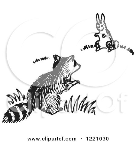 Clipart of a Black and White Raccoon and Rabbit - Royalty Free Vector Illustration by Picsburg