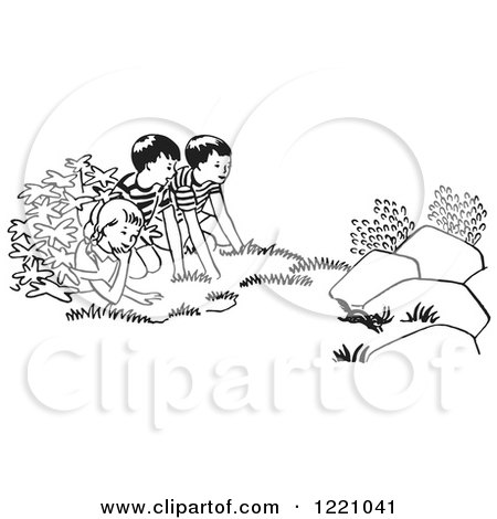 Clipart of Black and White Children Watching a Chipmunk - Royalty Free Vector Illustration by Picsburg