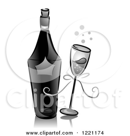 Clipart of a Grayscale Bottle and Glass of Champagne - Royalty Free Vector Illustration by BNP Design Studio