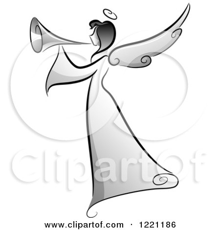 Clipart of a Grayscale Angel Playing a Horn - Royalty Free Vector Illustration by BNP Design Studio