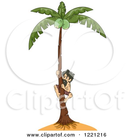 Clipart of a Castaway Man Climbing a Coconut Tree - Royalty Free Vector Illustration by BNP Design Studio