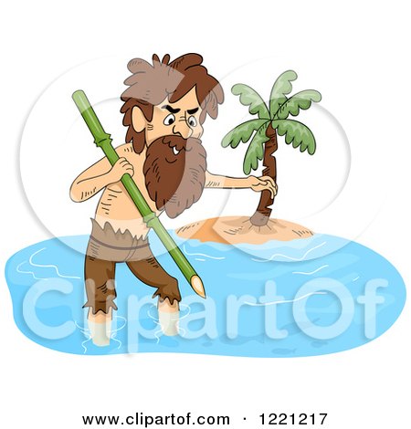 Clipart of a Castaway Man Trying to Spear Fish - Royalty Free Vector Illustration by BNP Design Studio