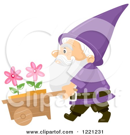 Clipart of a Garden Gnome Pushing a Wheel Barrow with Flowers - Royalty Free Vector Illustration by BNP Design Studio