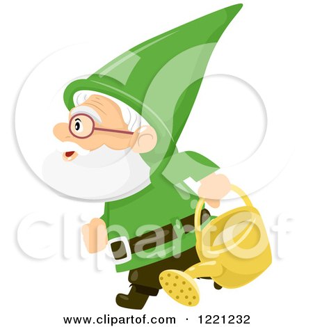 Clipart of a Green Garden Gnome Carrying a Watering Can - Royalty Free Vector Illustration by BNP Design Studio