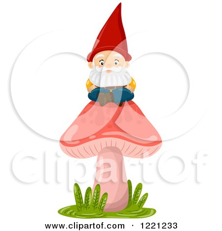 Clipart of a Garden Gnome Sitting on a Red Mushroom - Royalty Free Vector Illustration by BNP Design Studio