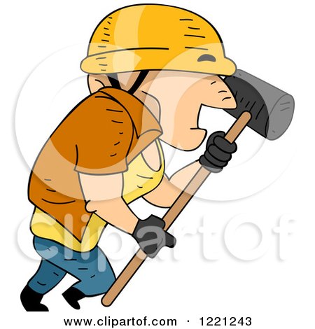 Clipart of a Short Construction Worker Marching with a Sledgehammer - Royalty Free Vector Illustration by BNP Design Studio