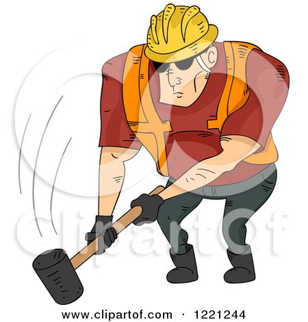 Clipart of a Strong Construction Worker Swinging a Sledgehammer down - Royalty Free Vector Illustration by BNP Design Studio