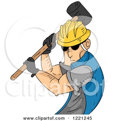 Clipart of a Strong Construction Worker Swinging a Sledgehammer - Royalty Free Vector Illustration by BNP Design Studio
