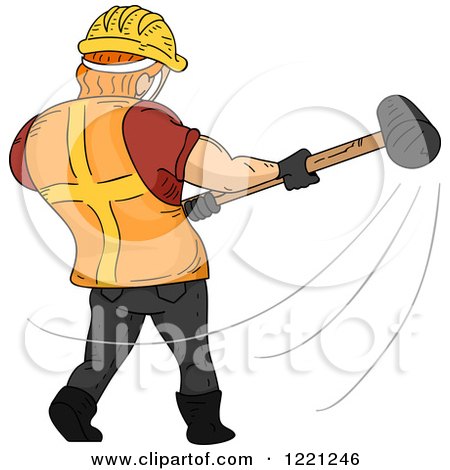 Clipart of a Rear View of a Strong Construction Worker Swinging a Sledgehammer - Royalty Free Vector Illustration by BNP Design Studio