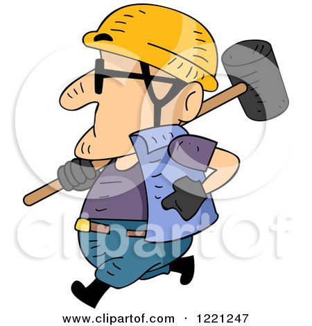 Clipart of a Short Construction Worker Running with a Sledgehammer - Royalty Free Vector Illustration by BNP Design Studio
