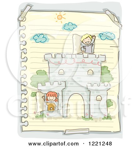 Clipart of a Doodle of Children Playing in a Castle Drawn on Ruled Paper - Royalty Free Vector Illustration by BNP Design Studio
