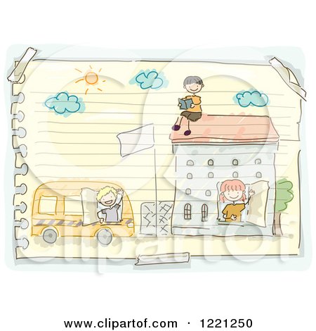 Clipart of a Doodle of Children Playing in a School House Drawn on Ruled Paper - Royalty Free Vector Illustration by BNP Design Studio