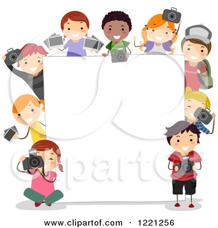 Clipart of Diverse Photography Children Around a Sign Board - Royalty Free Vector Illustration by BNP Design Studio