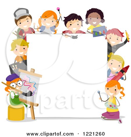 Clipart of Diverse Artistic Children Around a Sign Board - Royalty Free Vector Illustration by BNP Design Studio