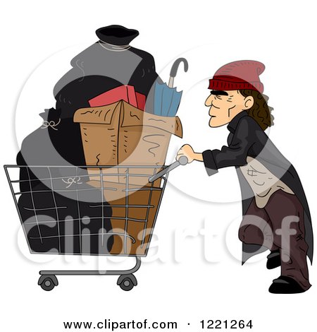 Clipart of a Homeless Man Pushing a Cart with Items in It - Royalty Free Vector Illustration by BNP Design Studio