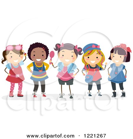 Clipart of Diverse Girls Dressed up in Feminine Accessories - Royalty Free Vector Illustration by BNP Design Studio