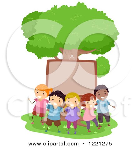 Clipart of Diverse Children Huddled by a Sign on at Ree - Royalty Free Vector Illustration by BNP Design Studio