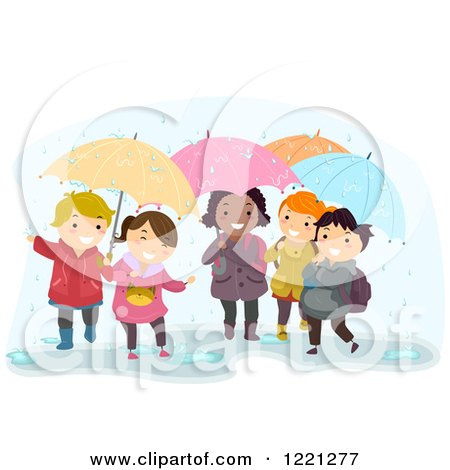 Clipart of Diverse Children Playing with Umbrellas in the Rain - Royalty Free Vector Illustration by BNP Design Studio