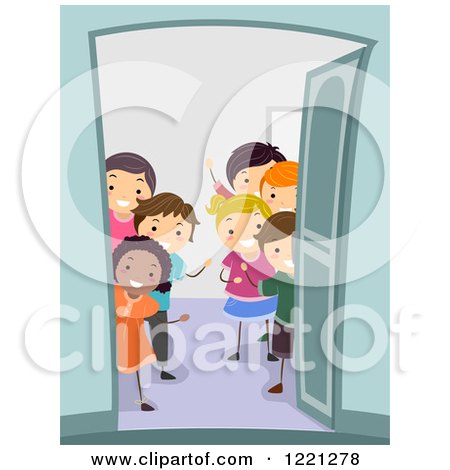 Clipart of Diverse Children Greeting at an Open Door - Royalty Free Vector Illustration by BNP Design Studio