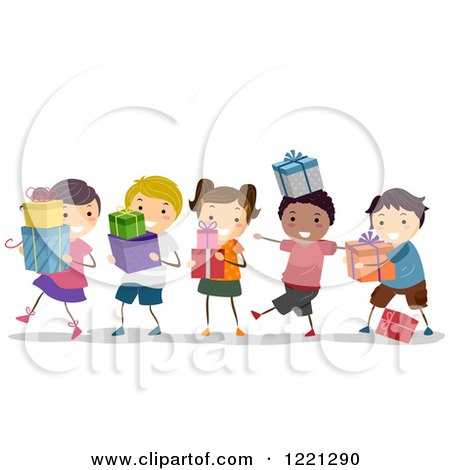 Clipart of Happy Diverse Children Carrying Presents - Royalty Free Vector Illustration by BNP Design Studio