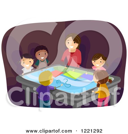 Clipart of a Woman and Diverse Children Using an Interactive Surface Table - Royalty Free Vector Illustration by BNP Design Studio