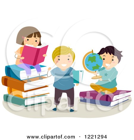 Clipart of Happy Children with Big Books and a Globe - Royalty Free Vector Illustration by BNP Design Studio