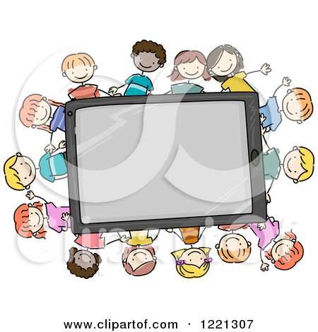 Clipart of Doodle Children Around a Tablet Computer - Royalty Free Vector Illustration by BNP Design Studio
