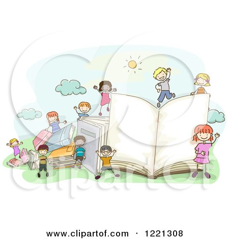 Clipart of Doodle Children with Giant Books - Royalty Free Vector Illustration by BNP Design Studio