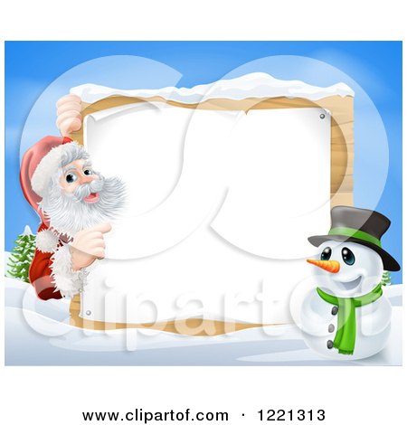 Clipart of Santa Claus and a Snowman by a Winter Sign - Royalty Free Vector Illustration by AtStockIllustration
