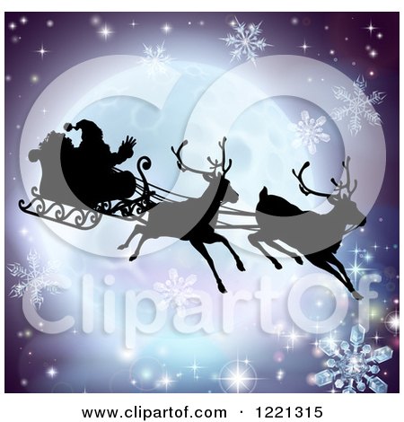 Clipart of a Silhouetted Christmas Sleigh Reindeer and Santa over a Full Moon with Snowflakes - Royalty Free Vector Illustration by AtStockIllustration