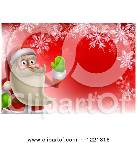 Clipart of a Young Santa Claus Waving over Red With Snowflakes - Royalty Free Vector Illustration by AtStockIllustration
