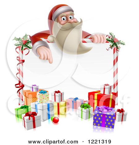 Clipart of a Young Santa Claus Pointing down to a Candy Cane Sign with Gift Boxes - Royalty Free Vector Illustration by AtStockIllustration