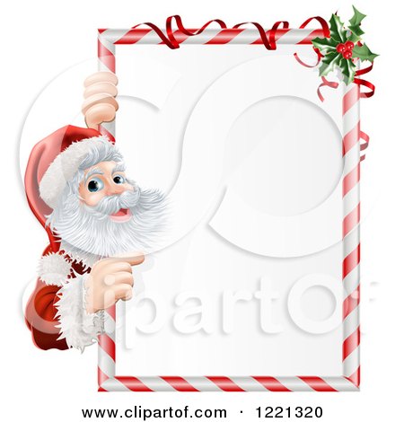 Clipart of Santa Claus Looking Around and Pointing to a Candy Cane Sign with Holly - Royalty Free Vector Illustration by AtStockIllustration