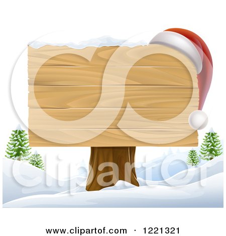 Clipart of a Wooden Christmas Sign with a Santa Hat in a Winter Landscape - Royalty Free Vector Illustration by AtStockIllustration