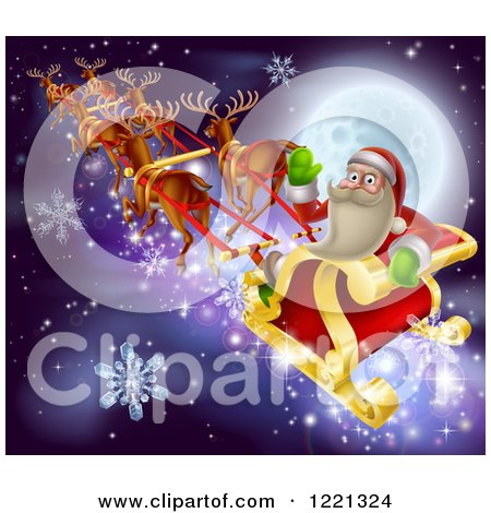 Clipart of Santa Claus Waving and Riding His Sleigh Over a Full Moon - Royalty Free Vector Illustration by AtStockIllustration