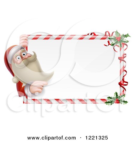 Clipart of a Young Santa Claus Looking Around and Pointing to a Candy Cane Sign with Holly - Royalty Free Vector Illustration by AtStockIllustration