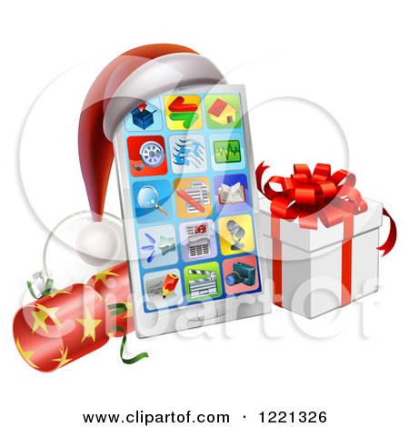 Clipart of a Smart Phone with a Santa Hat, Christmas Cracker and Gift Box - Royalty Free Vector Illustration by AtStockIllustration